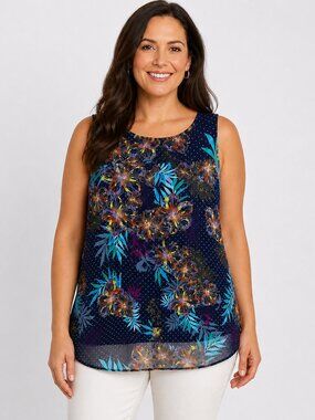 NY Collection Boho Floral Sheer Layer Top L Tropicore Quiet Luxury Vacation Chic